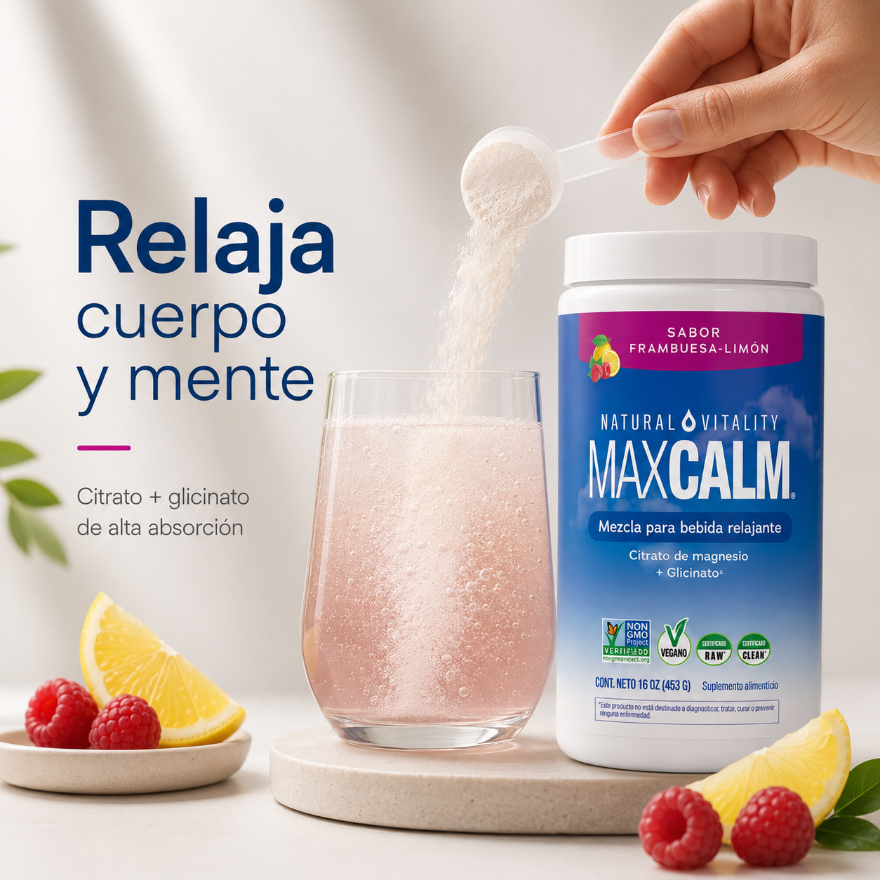 Max Calm® Bebida de Magnesio Frambuesa-Limón